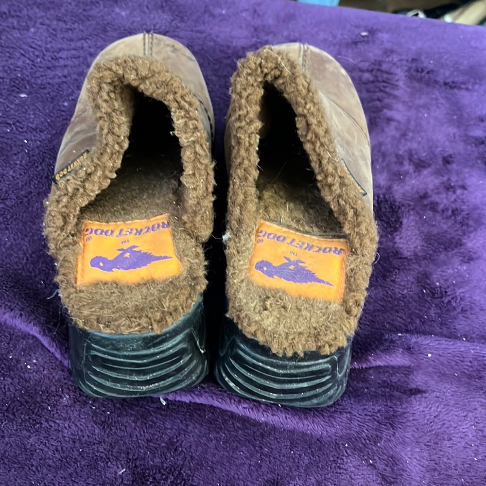 Pair of Rocketdog clogs. Suade Brown and lined with brown sheep.
